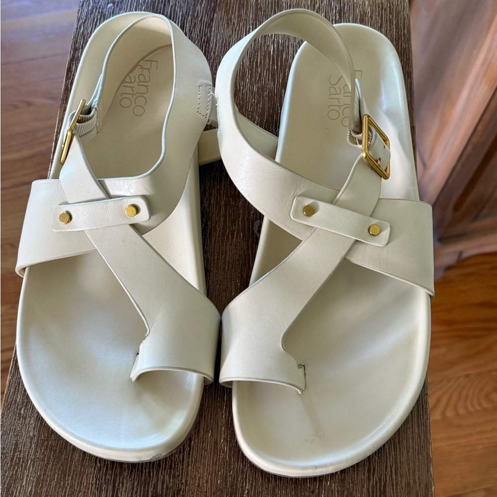 Franco Sarto Ivory Leather Slingback Sandals with Gold Buckle